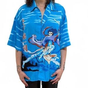 Oversized blue anime button up